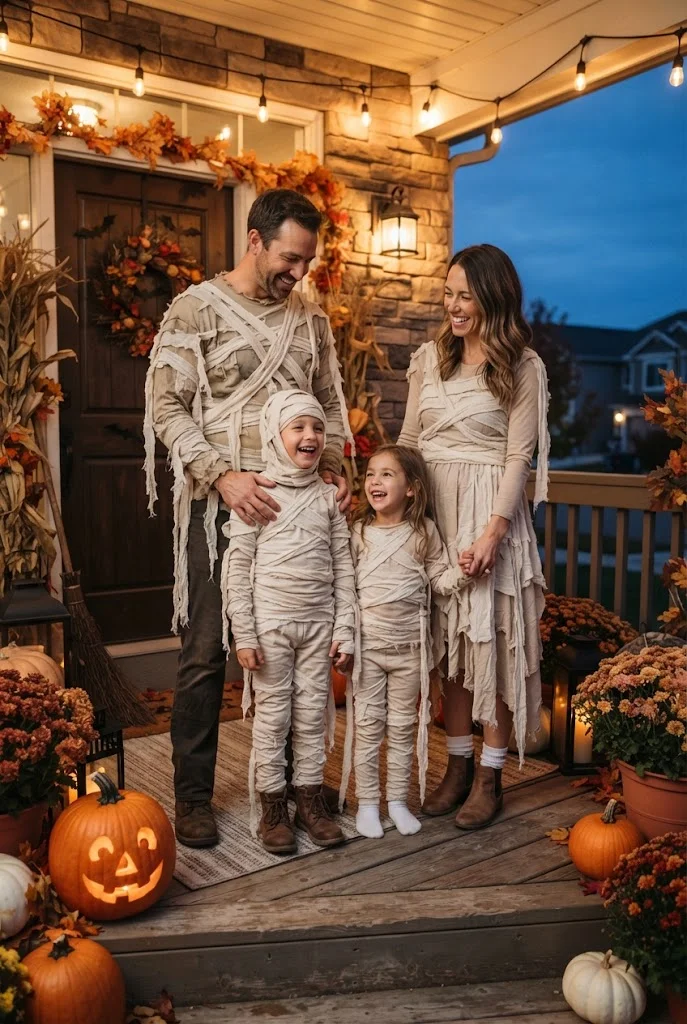 Family wearing safe mummy-inspired costumes with beige layered fabric on a Halloween porch.