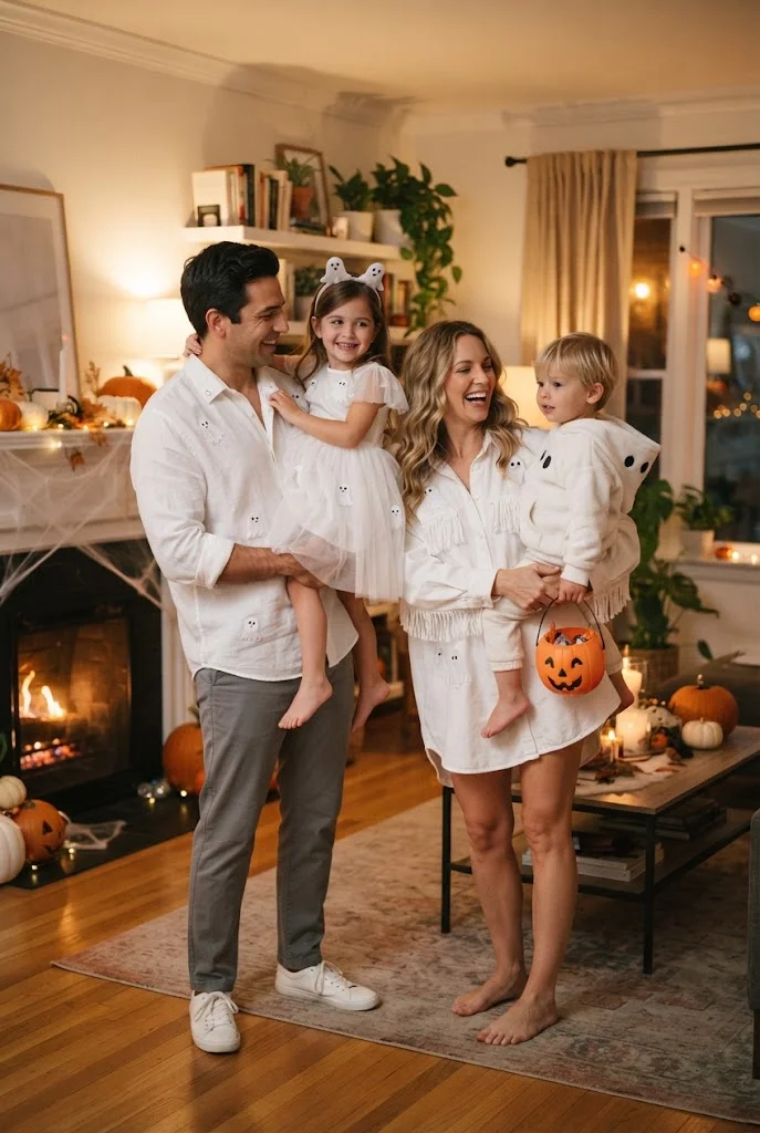 Family wearing simple white ghost-inspired Halloween costumes in a decorated home.