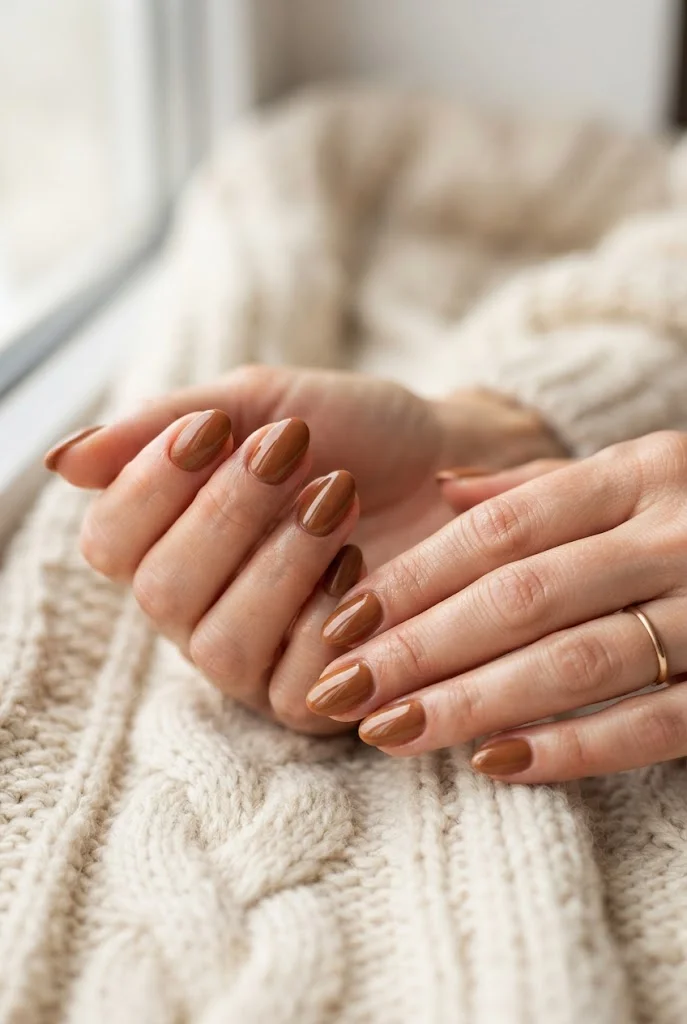 Glossy caramel brown oval nails with a cozy winter feel.