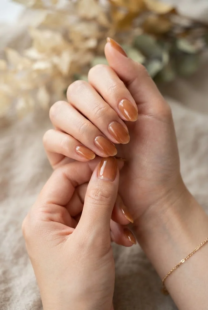 Glossy cinnamon glazed oval nails in a warm caramel tone.