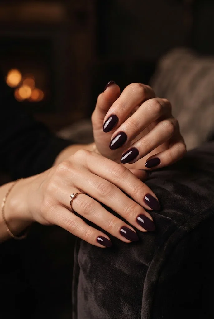 Glossy dark plum almond nails for a dramatic winter manicure.