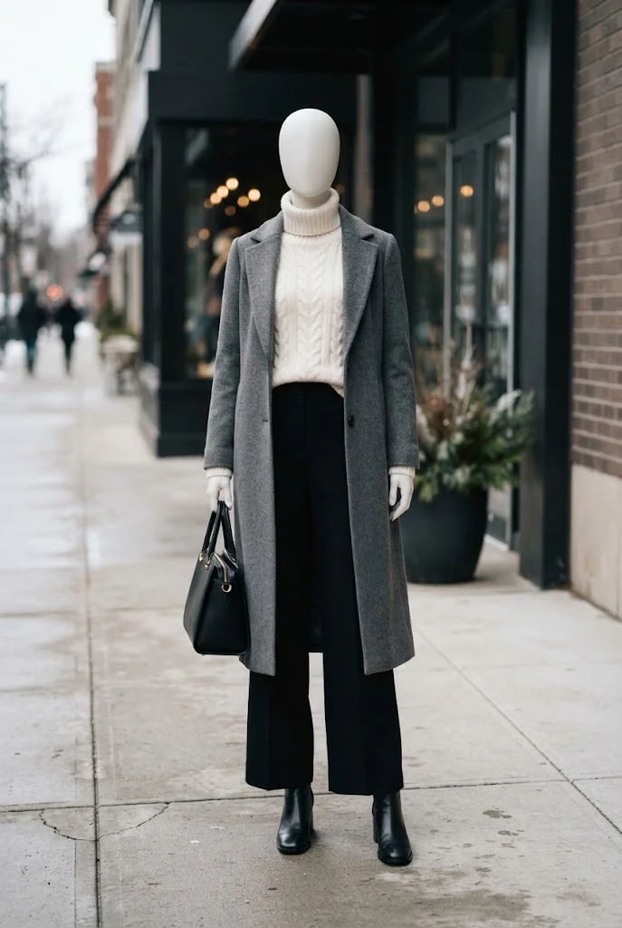 Ivory cable-knit sweater with black wide-leg trousers and a gray coat.