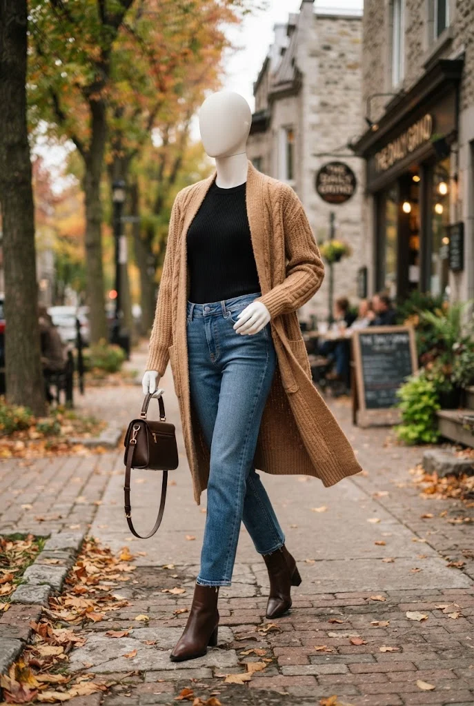 Long camel cardigan layered over a black knit top with jeans, ankle boots, and a structured handbag.