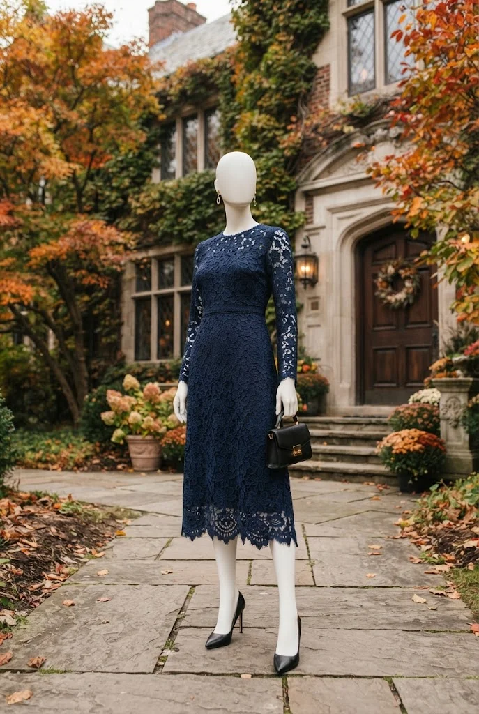 Long-sleeve navy lace midi dress styled for a fall wedding.