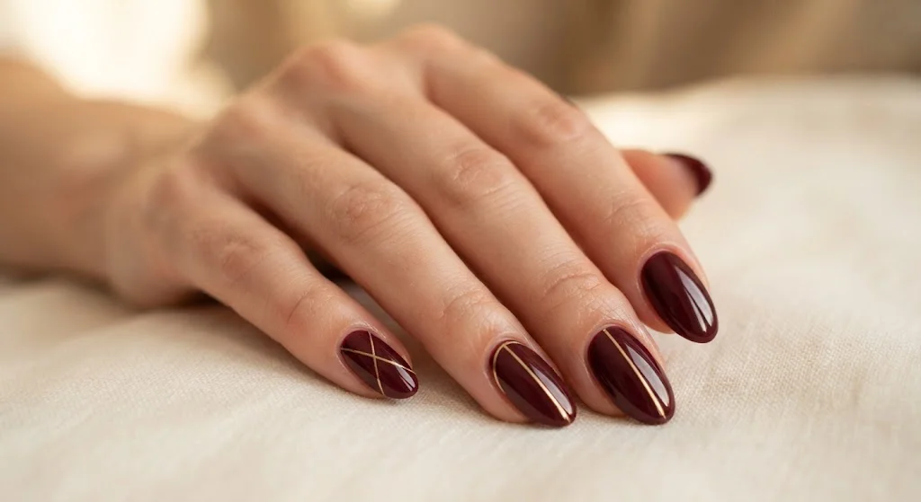 Maroon almond nails with delicate minimalist gold line accents.