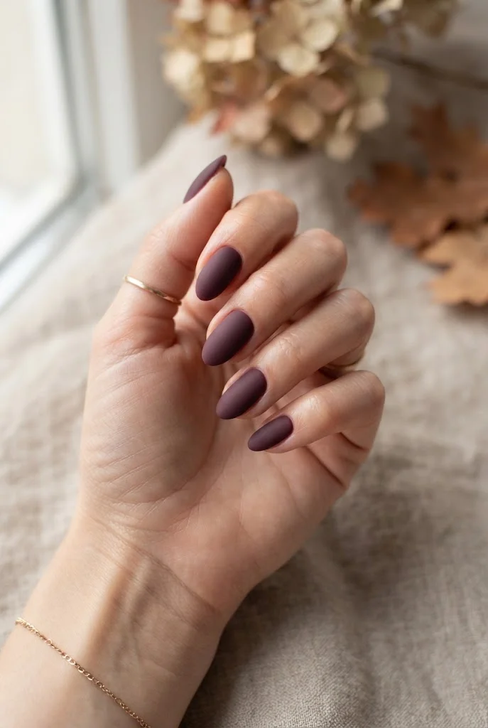 Matte plum almond nails with a refined early-fall finish.