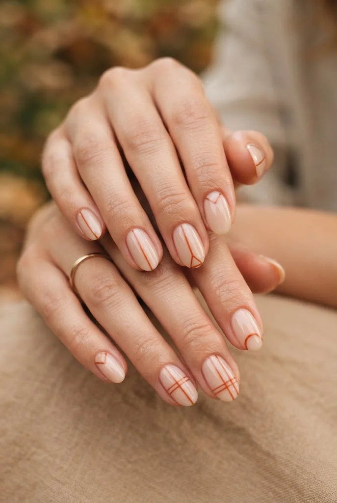 Minimalist nude nails with delicate rust-colored line art.