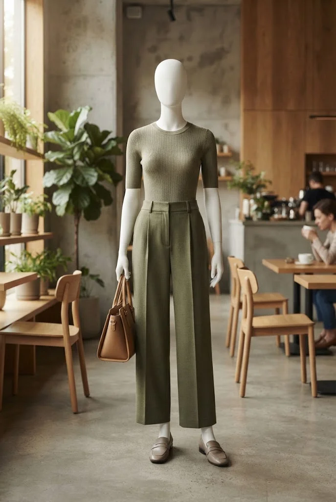 Modern monochrome olive green pants outfit with a tonal knit top and loafers.