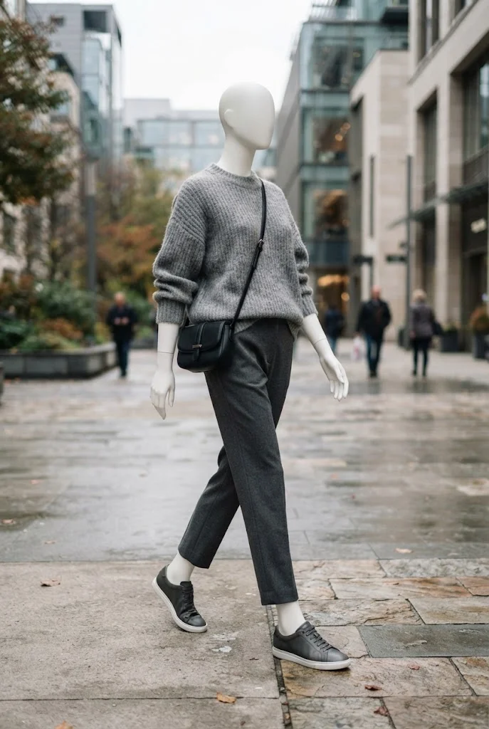 Monochrome gray fall outfit with an oversized sweater, charcoal trousers, sneakers, and black crossbody bag.