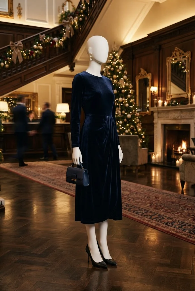 Navy velvet midi dress styled with pearl earrings for an elegant Christmas evening.