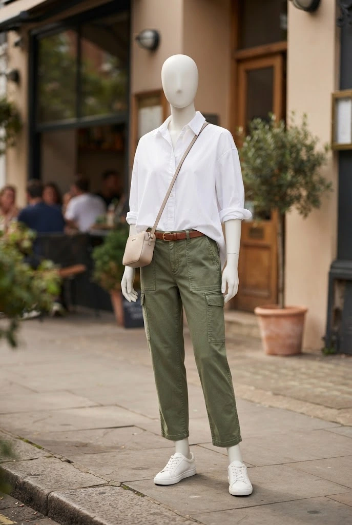 Olive cargo pants paired with a crisp white shirt and clean sneakers.
