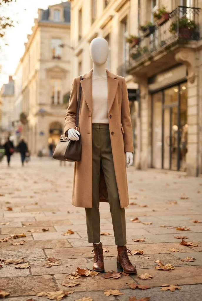 Olive pants layered with a cream sweater, camel coat, and brown boots.