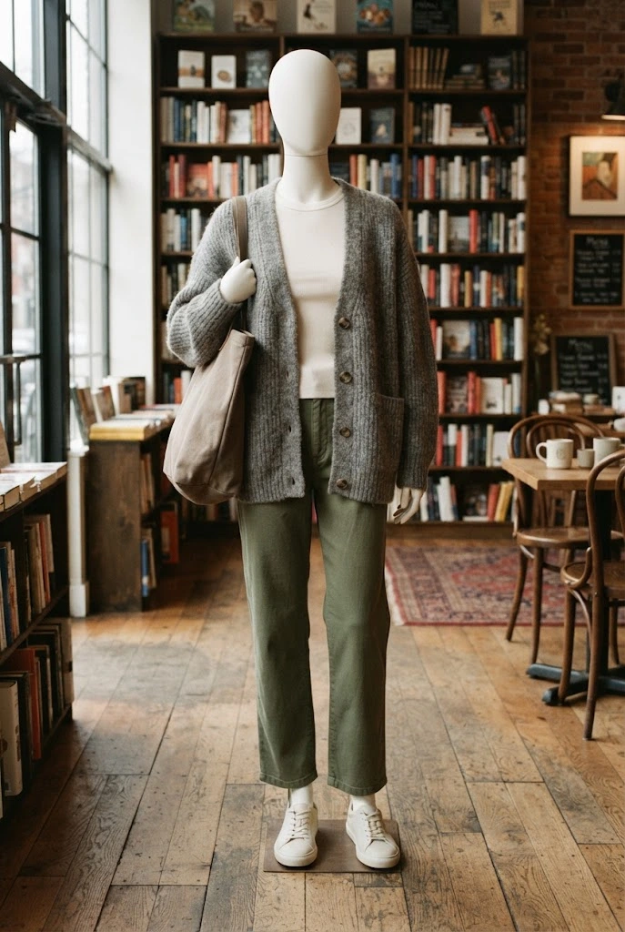 Olive pants layered with an oversized gray cardigan and ivory tee.