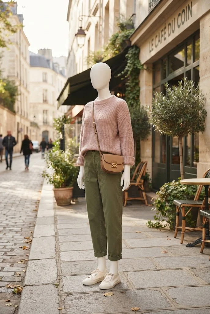 Olive trousers paired with a dusty-pink sweater and cream sneakers.