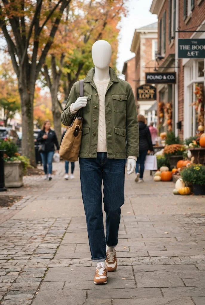 Olive utility jacket with an ivory sweater, dark denim, casual sneakers, and a tan tote.