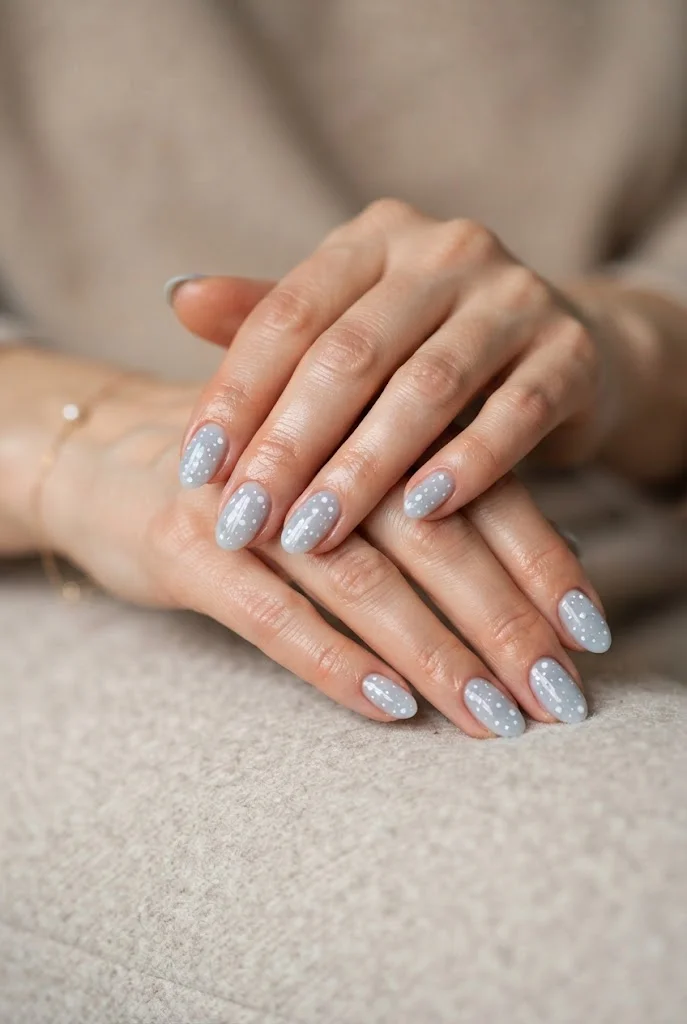 Pale blue-gray winter nails with delicate white snow dots.