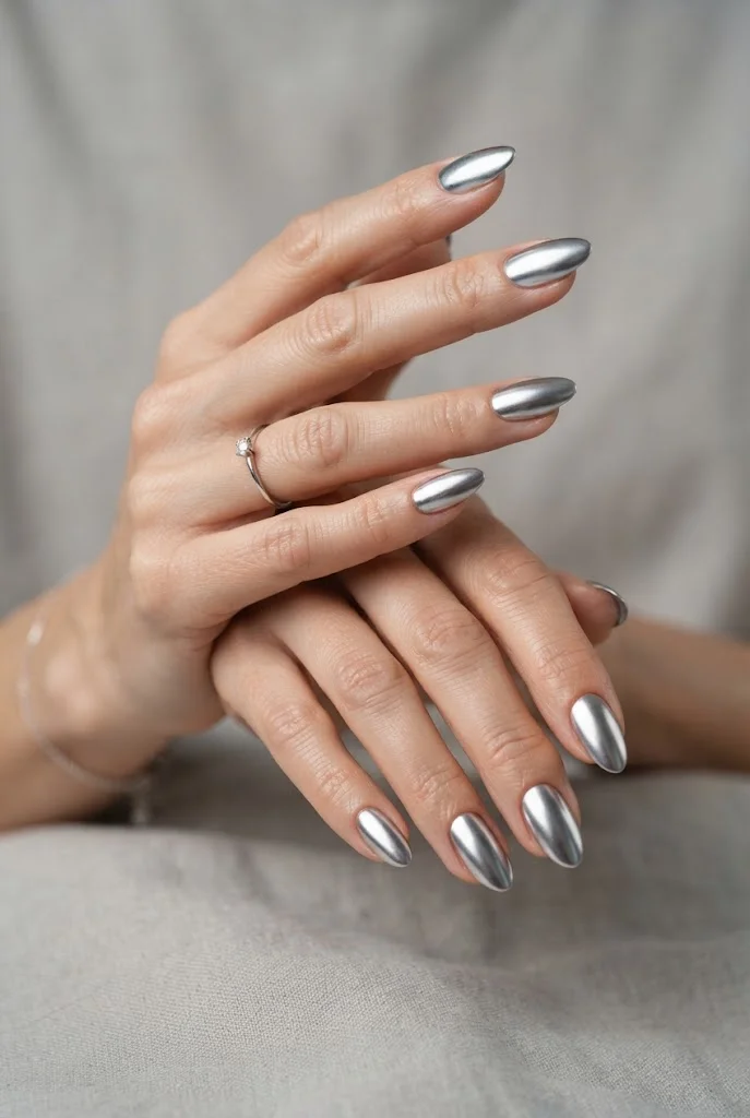 Reflective silver chrome almond nails for a winter manicure.