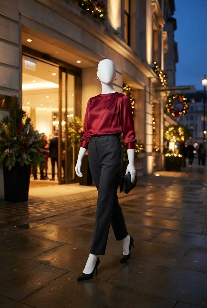 Ruby-red satin blouse with charcoal tailored trousers for a polished holiday reception.