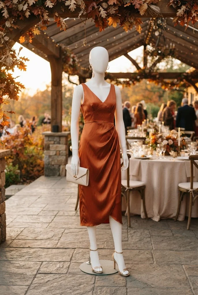 Rust satin midi dress with gold accessories for an autumn wedding guest outfit.