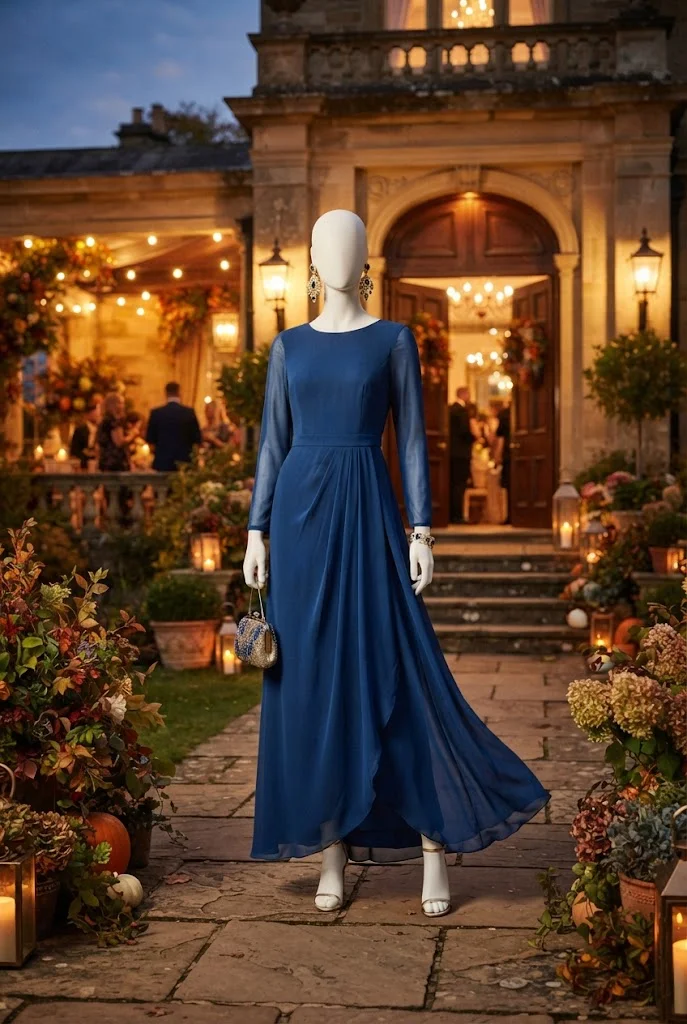 Sapphire blue maxi dress with statement earrings for a formal fall wedding.