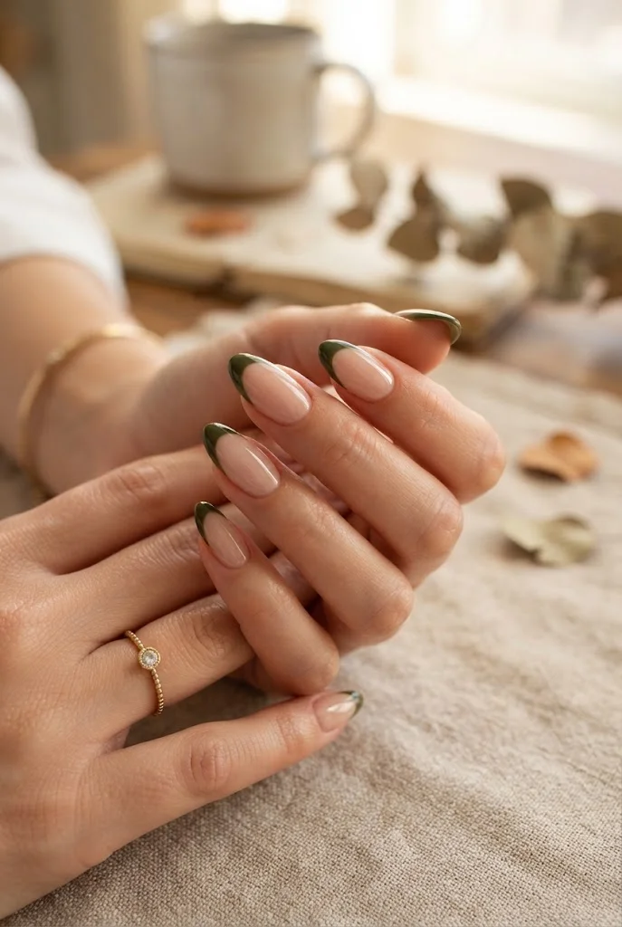 Sheer nude almond nails with deep olive French tips.