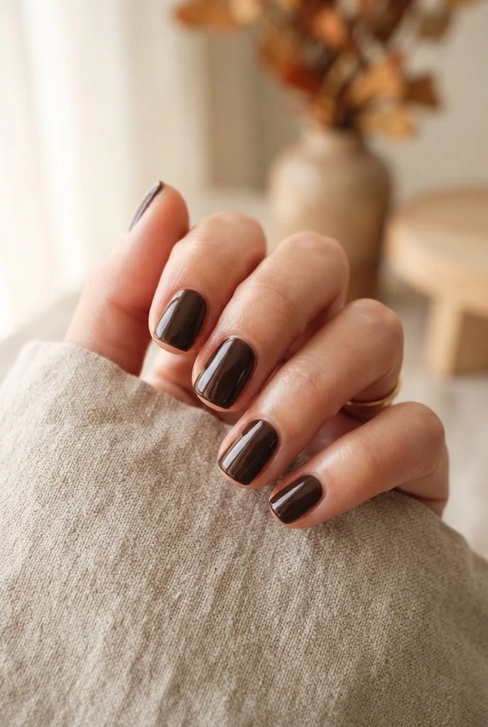 Short glossy espresso brown nails for an early-fall manicure.