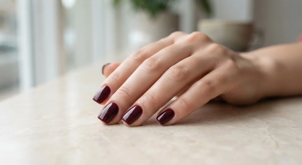 Short squoval nails painted in glossy deep maroon polish.