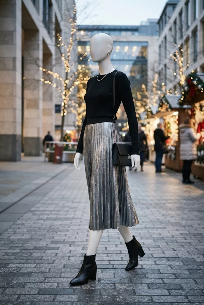 Silver pleated midi skirt paired with a black knit sweater for a modern Christmas party outfit.
