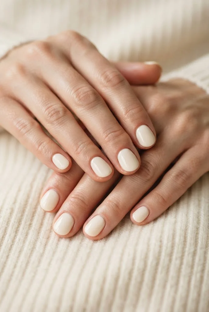 Soft creamy vanilla-white winter nails with a glossy finish.