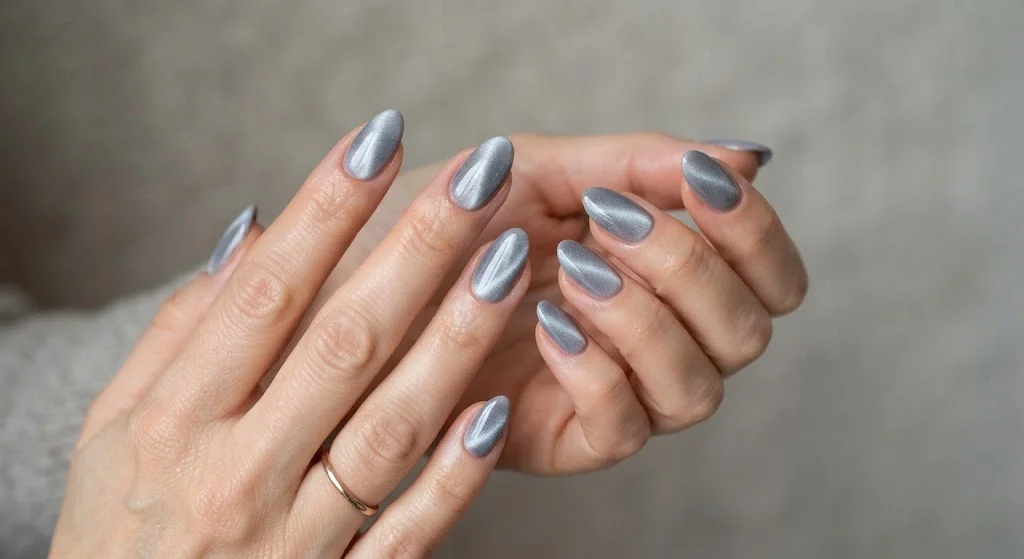 Soft gray velvet magnetic nails with subtle winter shimmer.