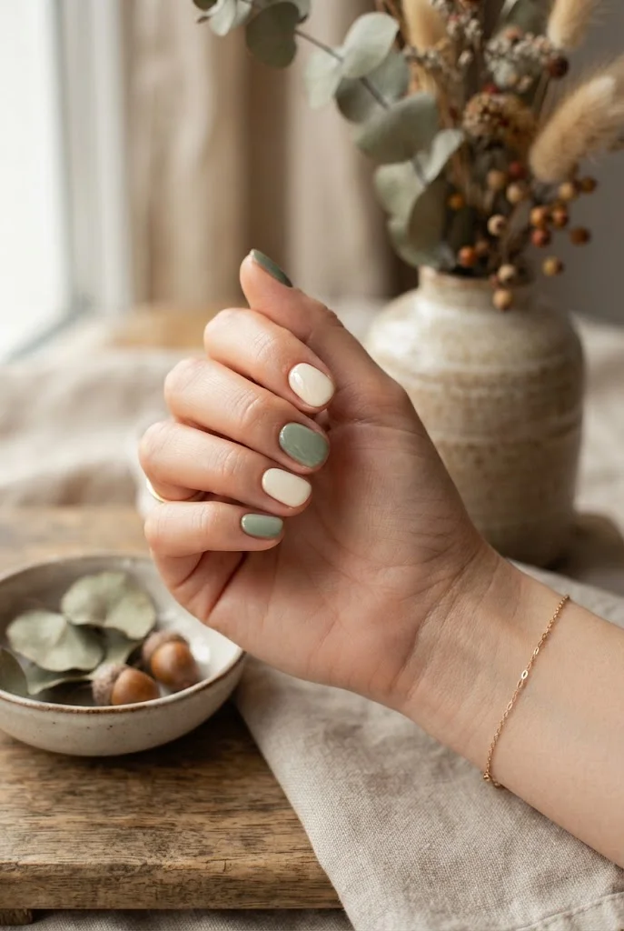 Soft sage green and creamy ivory September nails.