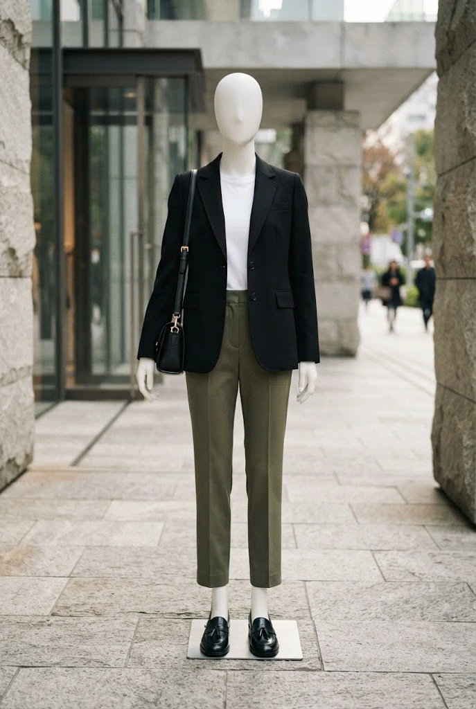 Tailored olive pants paired with a black blazer and loafers.