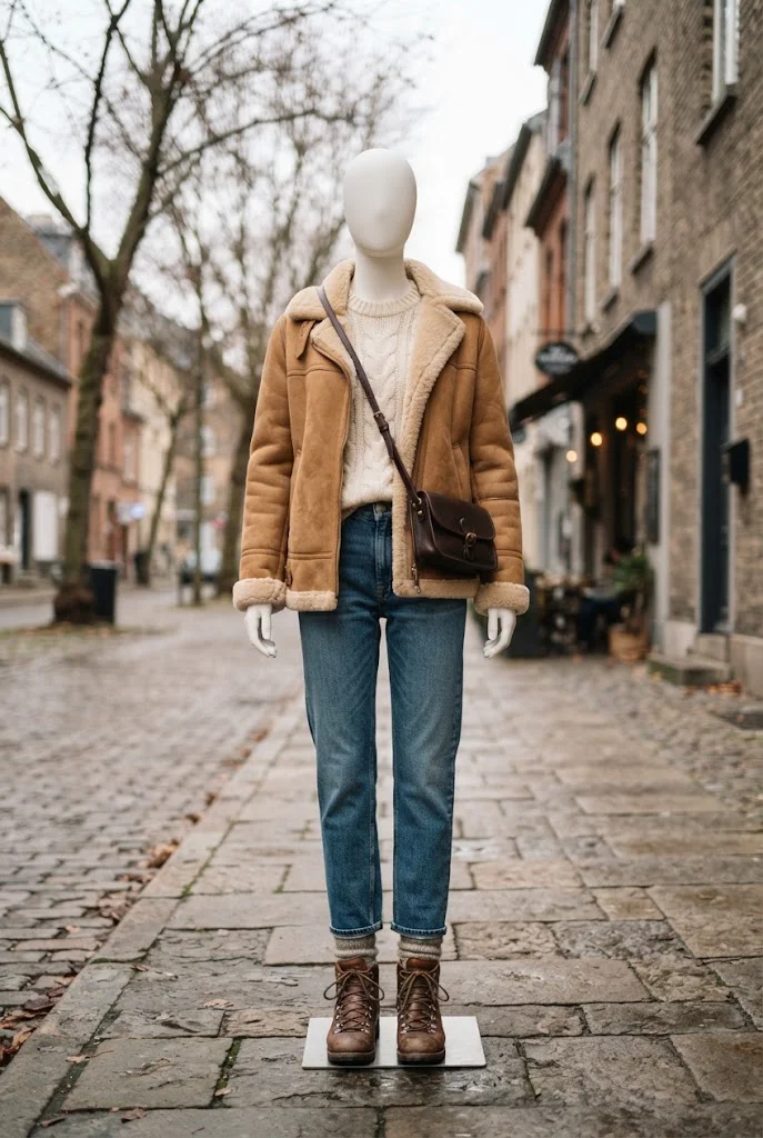 Tan shearling jacket with a cream sweater, jeans, and brown boots.