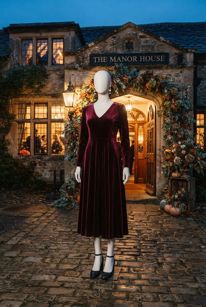 Wine velvet midi dress with ankle-strap heels for a cool-weather wedding.