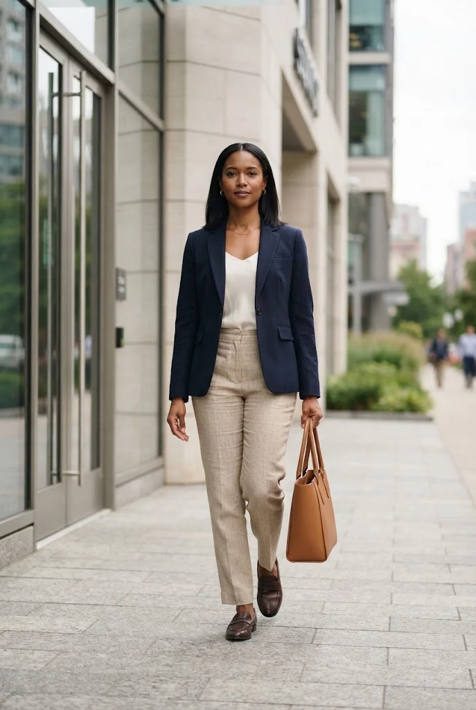 Beige linen trousers styled with a navy blazer, ivory blouse, and brown loafers.