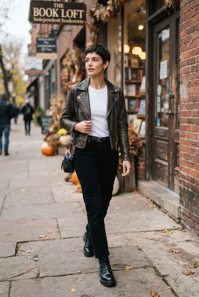  Black corduroy pants paired with a brown leather jacket and chunky ankle boots.