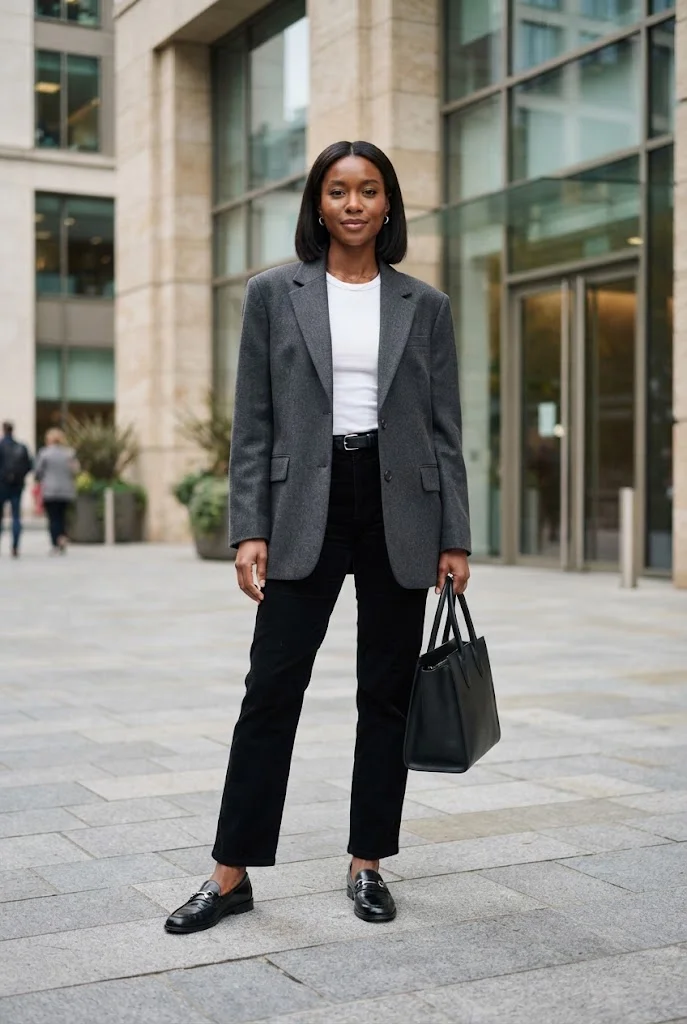  Black corduroy trousers with a gray blazer, white top, and black loafers.