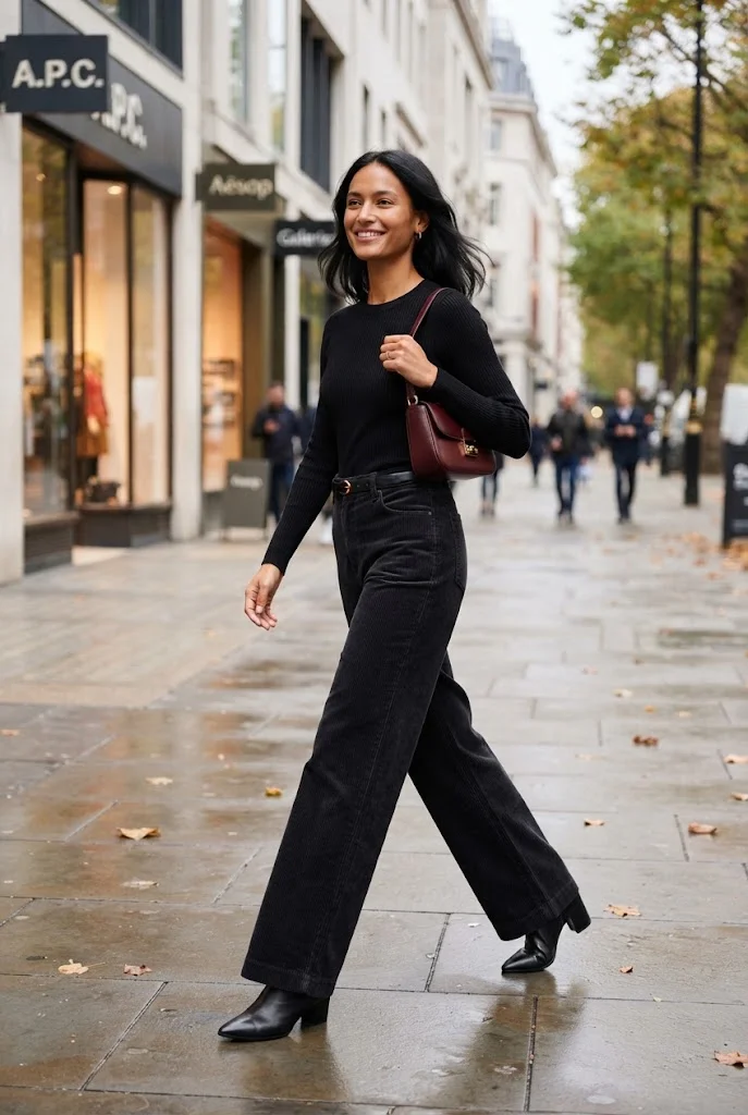 Black wide-leg corduroy trousers with a fitted black top and pointed ankle boots.