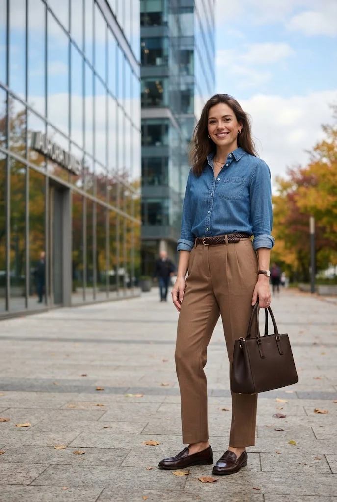 Brown Trousers With a Denim Shirt
