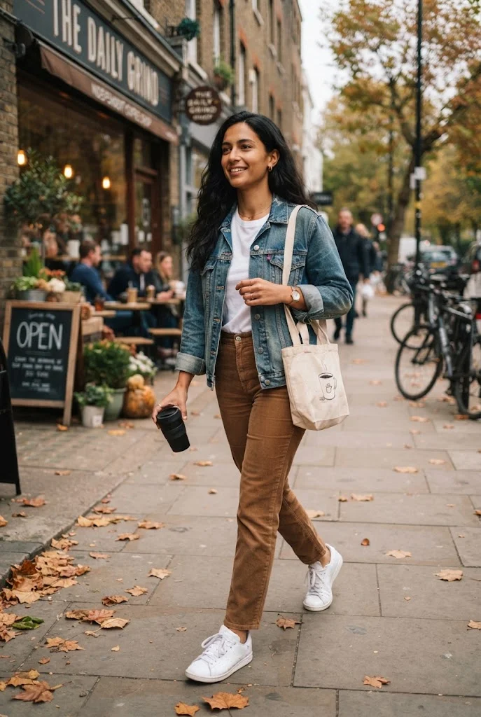 Brown corduroy pants with a denim jacket, white T-shirt, and sneakers.
