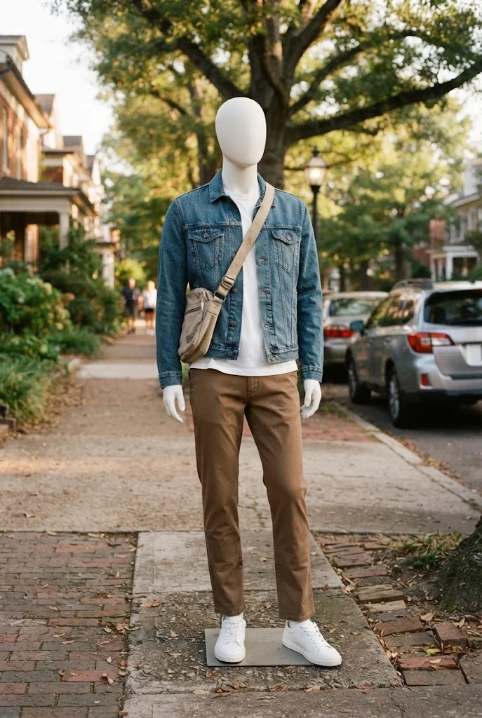 Brown straight-leg pants with a white tee, blue denim jacket, and white sneakers.