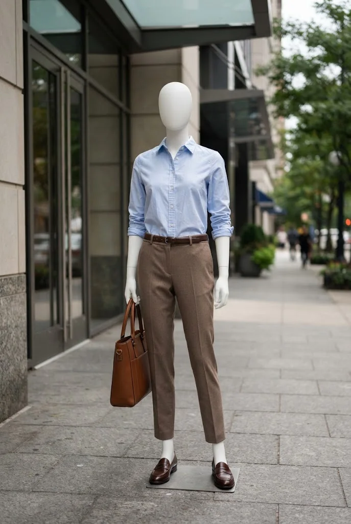 Brown tailored trousers with a pale blue button-down shirt, brown loafers, and a structured work tote.
