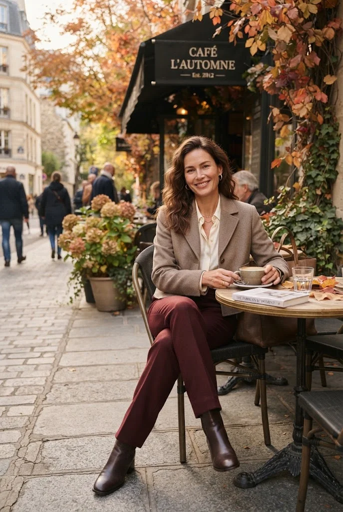 Burgundy Pants With a Neutral Jacket
