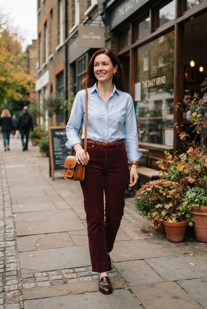 Burgundy corduroy pants styled with a pale blue shirt and brown loafers.