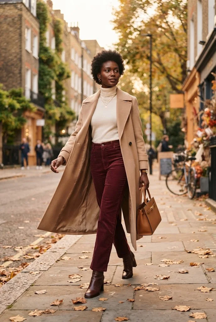 Burgundy corduroy trousers with an ivory top, camel trench coat, and brown boots.