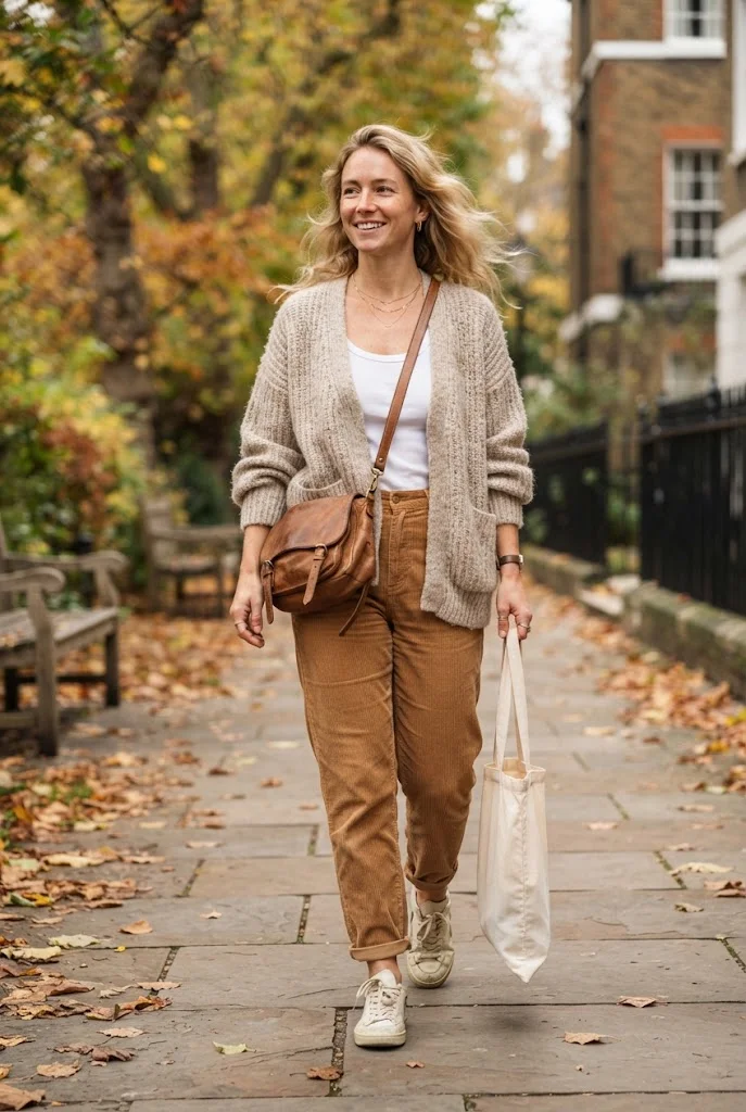 Caramel corduroy pants with an oversized oatmeal cardigan and cream sneakers