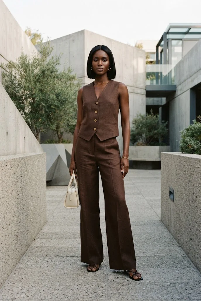 Chocolate-brown linen trousers with a matching sleeveless tailored vest and black sandals.