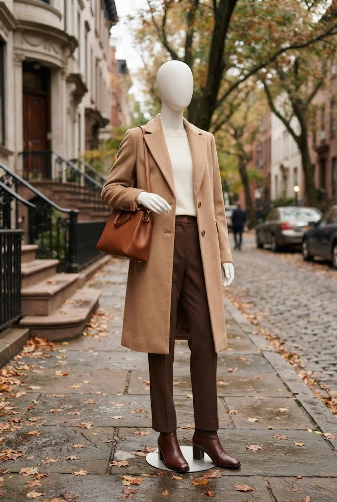Chocolate brown trousers, an ivory sweater, and a long camel coat styled with brown ankle boots.
