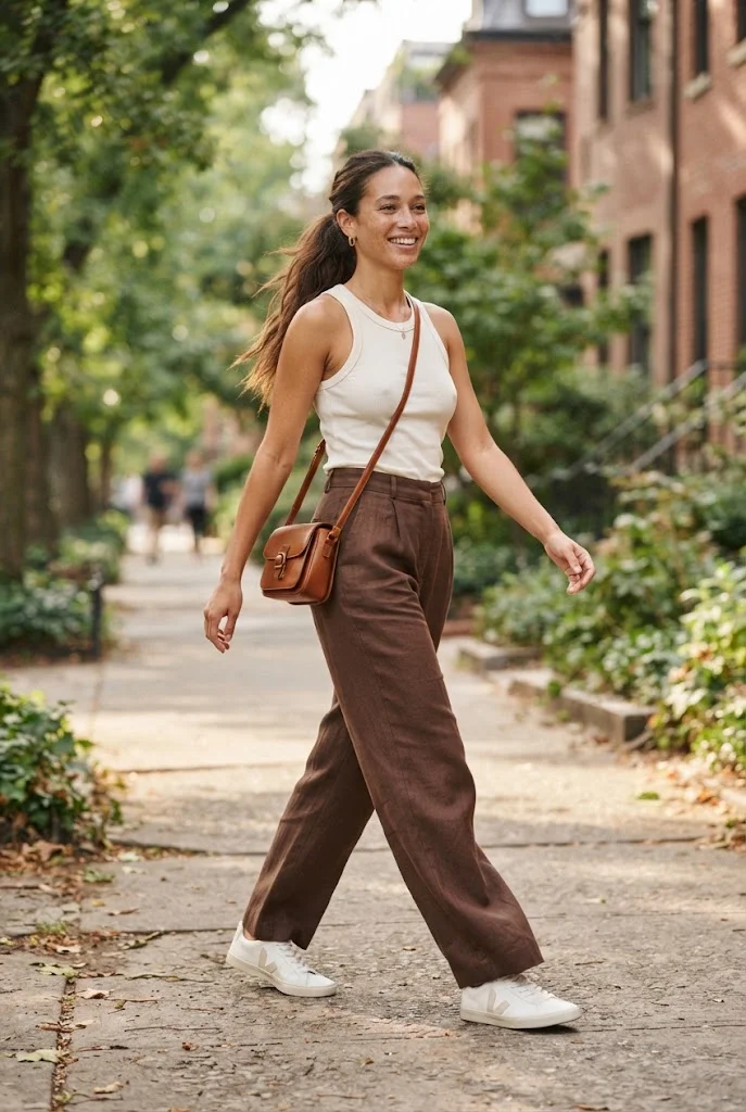 Chocolate-brown wide-leg linen pants with an ivory tank and white sneakers.