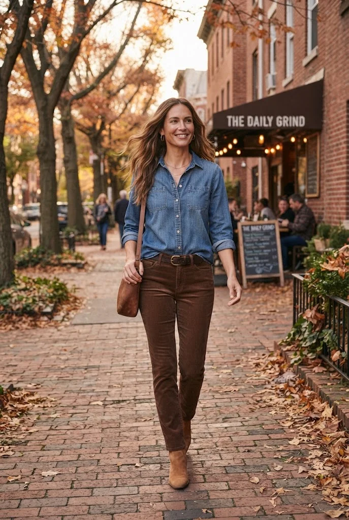 Chocolate corduroy pants paired with a blue denim shirt and tan suede boots.